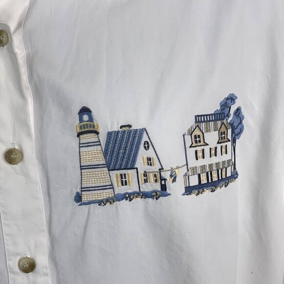 Vintage Womens Coastal Seaside Nantucket Button Up Top 16 Embroidered Lighthouse - Picture 5 of 10
